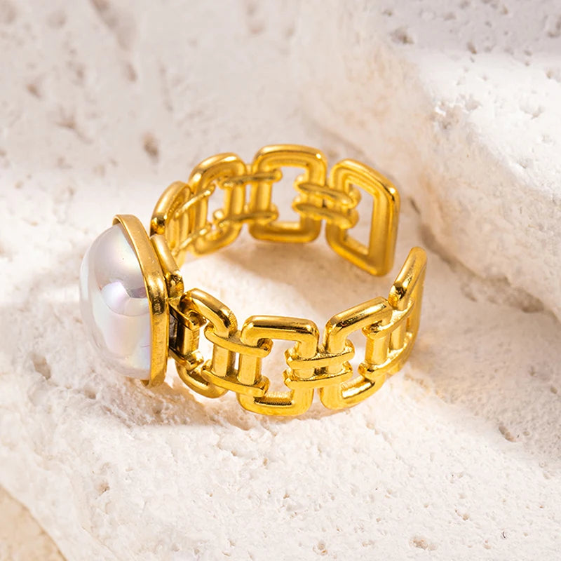 ANENJERY 316L Stainless Steel Turquoise Zircon Hollow Open Multi Layered Ring for Women Vintage Niche Jewelry Gifts Wholesale