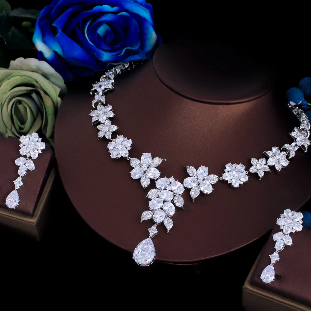 ThreeGraces Luxurious Shiny Water Drop Zirconia Long Flower Necklace Earrings Bridal Wedding Party Jewelry Set for Women T1028