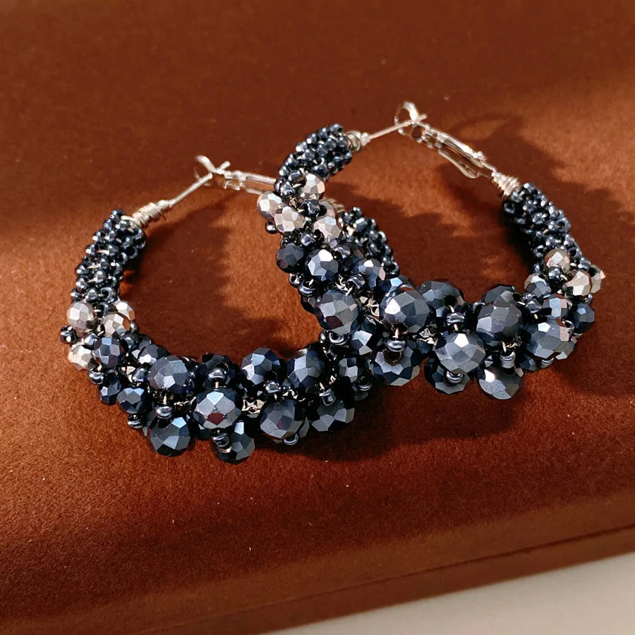 Colorful Glass Beaded Cluster Hoop Earrings for Women Shiny Wrapped Circle Huggie Earrings Vacation Festival Beach Jewelry N