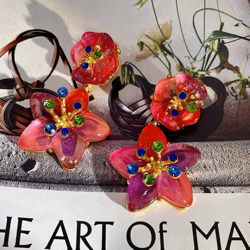 NISHIZAWA Gradient Crystal Earrings for Women Palace Style Vintage Flowers Aretes De Mujer Fashion Elegant Hyperbole Jewelry