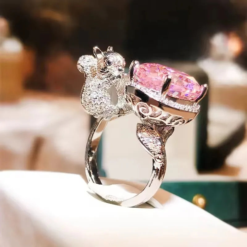 New Fashion Design Colorful 925 Sterling Silver Animal Ring for Women White Pink Cube Gemstone Ring Couple Engagement Rings