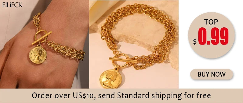 EILIECK Stainless Steel Reversible Heart Charm Bracelet For Women Trendy 18K Gold Plated Waterproof Wrist Chain Jewelry Gift