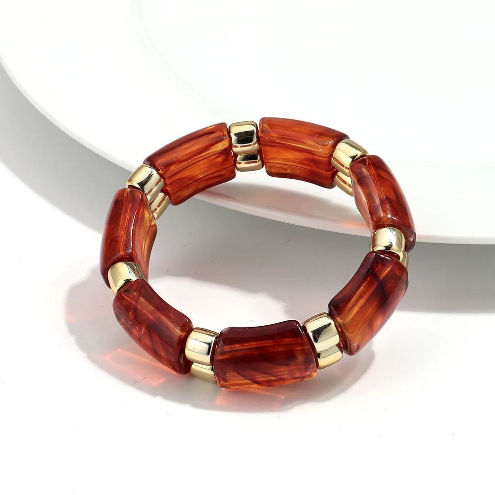 Vintage Acrylic Marbled Elastic Beads Bangle Bracelets for Women Fashion Golden CCB Round Beaded Cuff Bracelet Jewelry Gifts