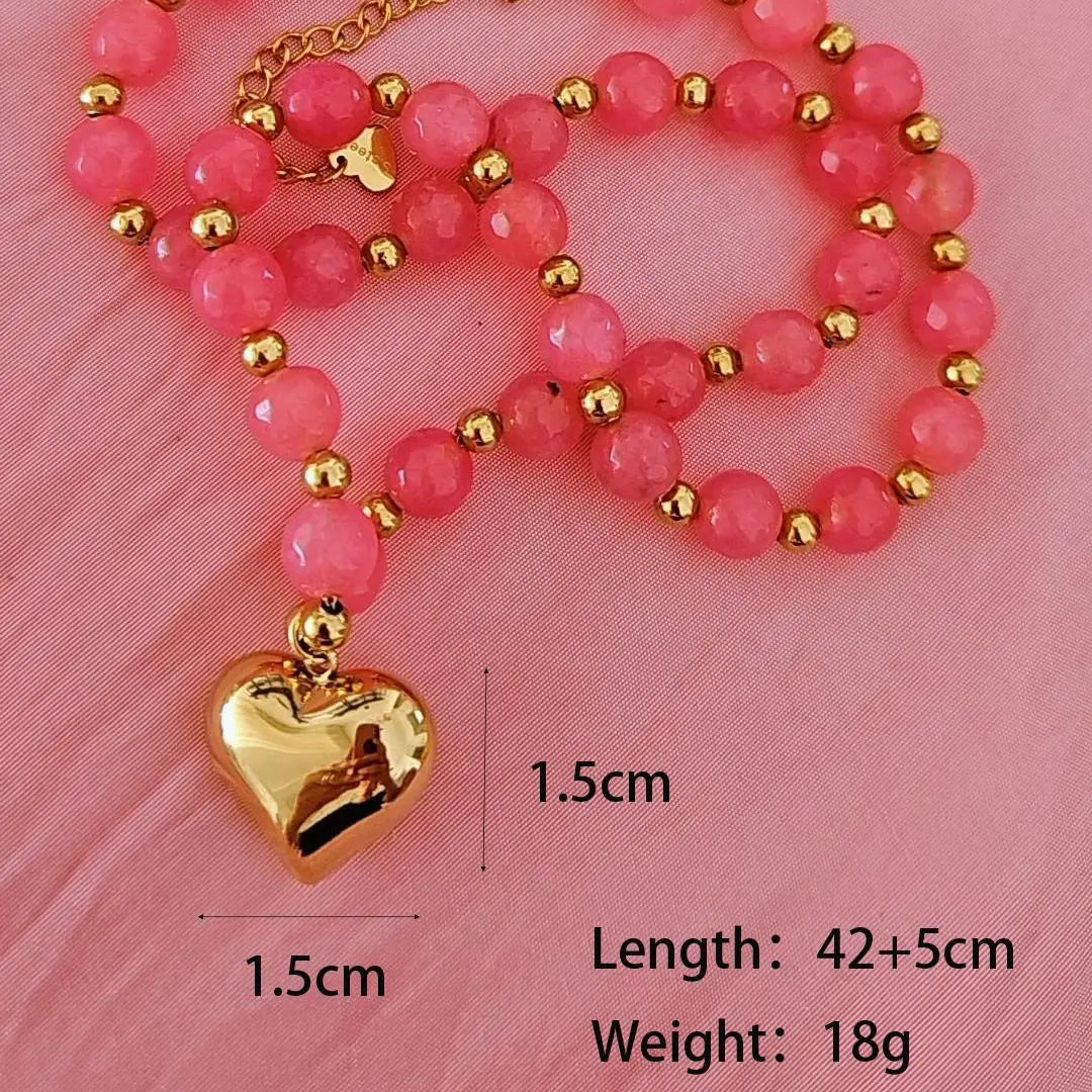 Pink Natural Stone Beaded Necklace with Natural Stone Beaded Necklace Pendant for Women Stainless Steel Choker Summer Jewelry