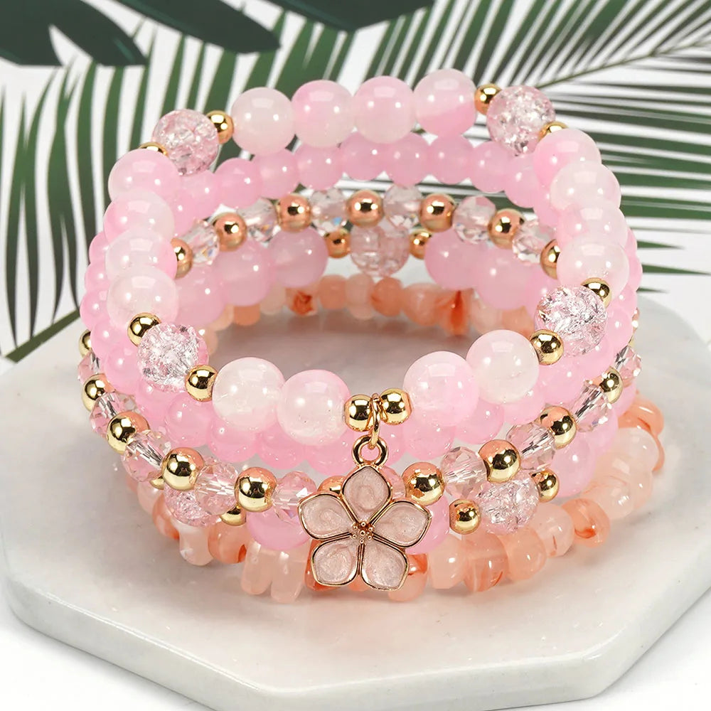 Bohemian Daisy Flower Charm Colorful Crystal Beaded Bracelet Set for Women Summer Beach Hand Jewelry Accessory Boho Wrsit Chains