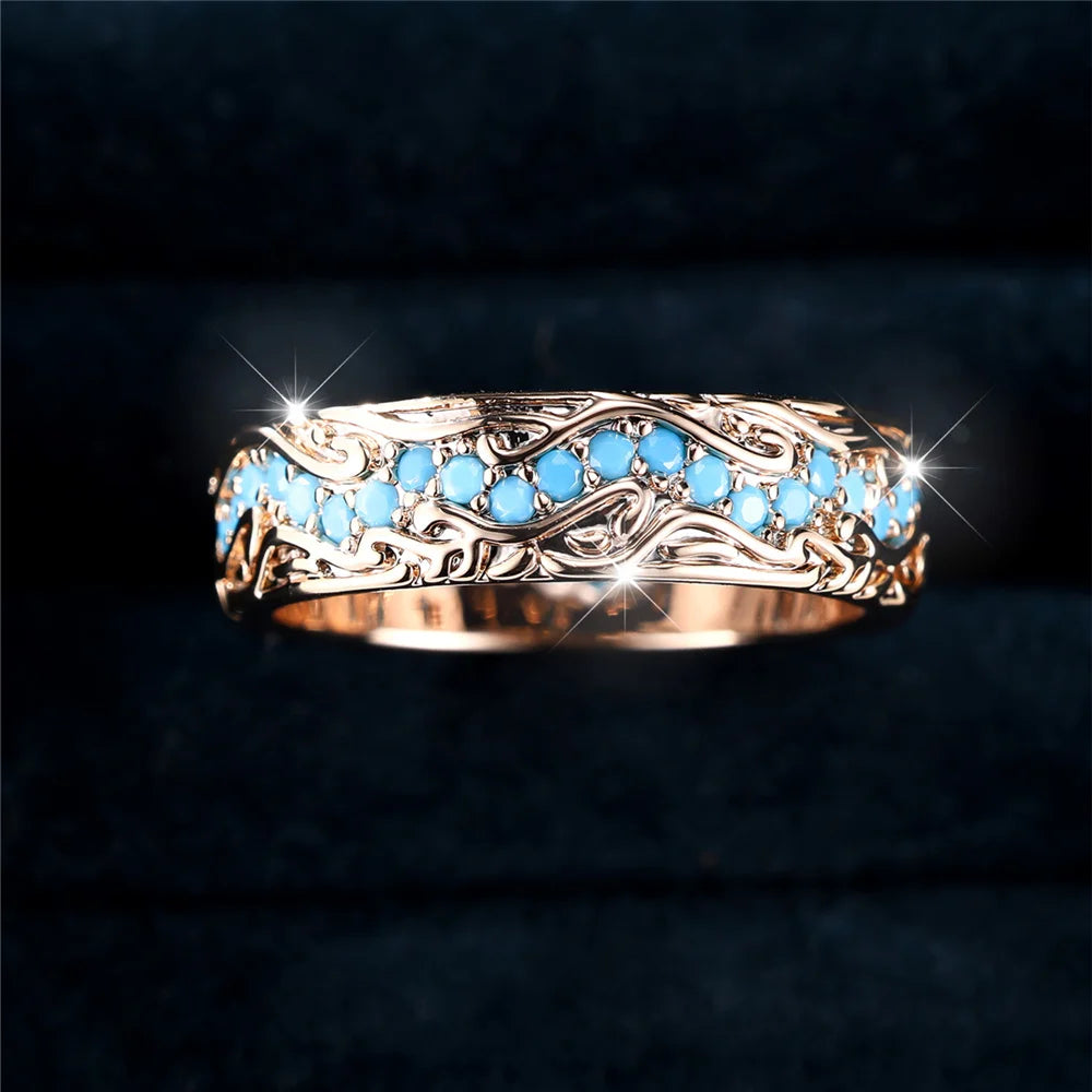Cute Female Blue Round Stone Ring Novelty Gold Color Party Jewelry For Women