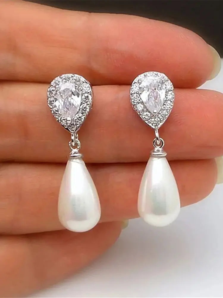 Charm Female White Crystal Drop Earrings Cute Pearl Trendy Bridal Wedding Jewelry For Women