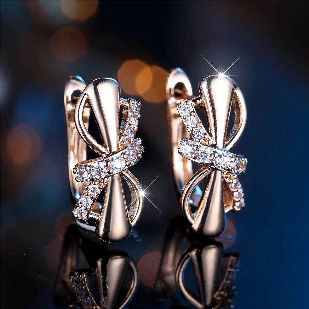 Charm Female White Crystal Zircon Stone Cute Bowknot Hoop Earrings Gold Color Simple Wedding Jewelry For Women