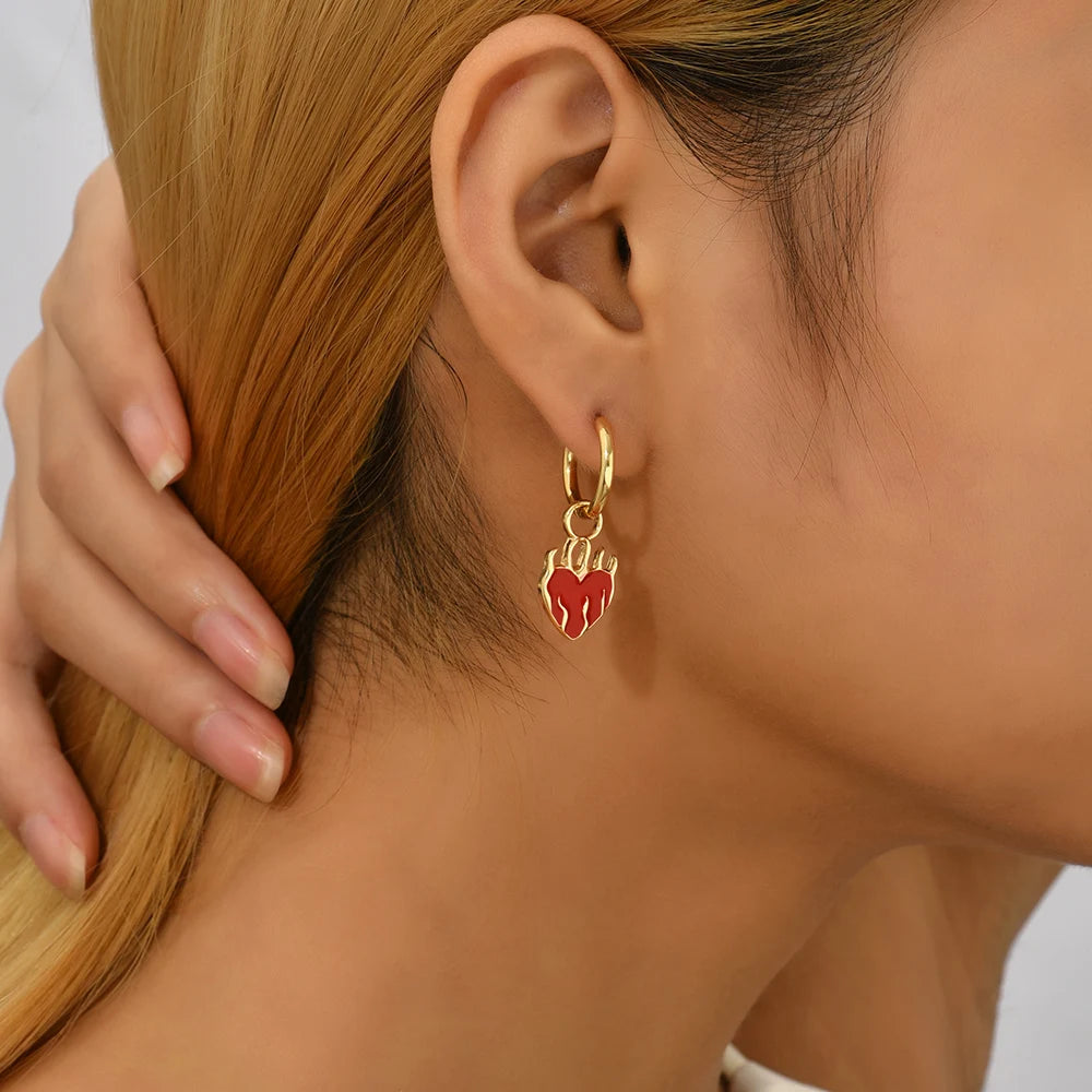 Hot Red Heart Pendant Charm Hoop Earrings for Women Punk Stainless Steel Small Circle Huggie Hoops Fashion Jewelry Gift