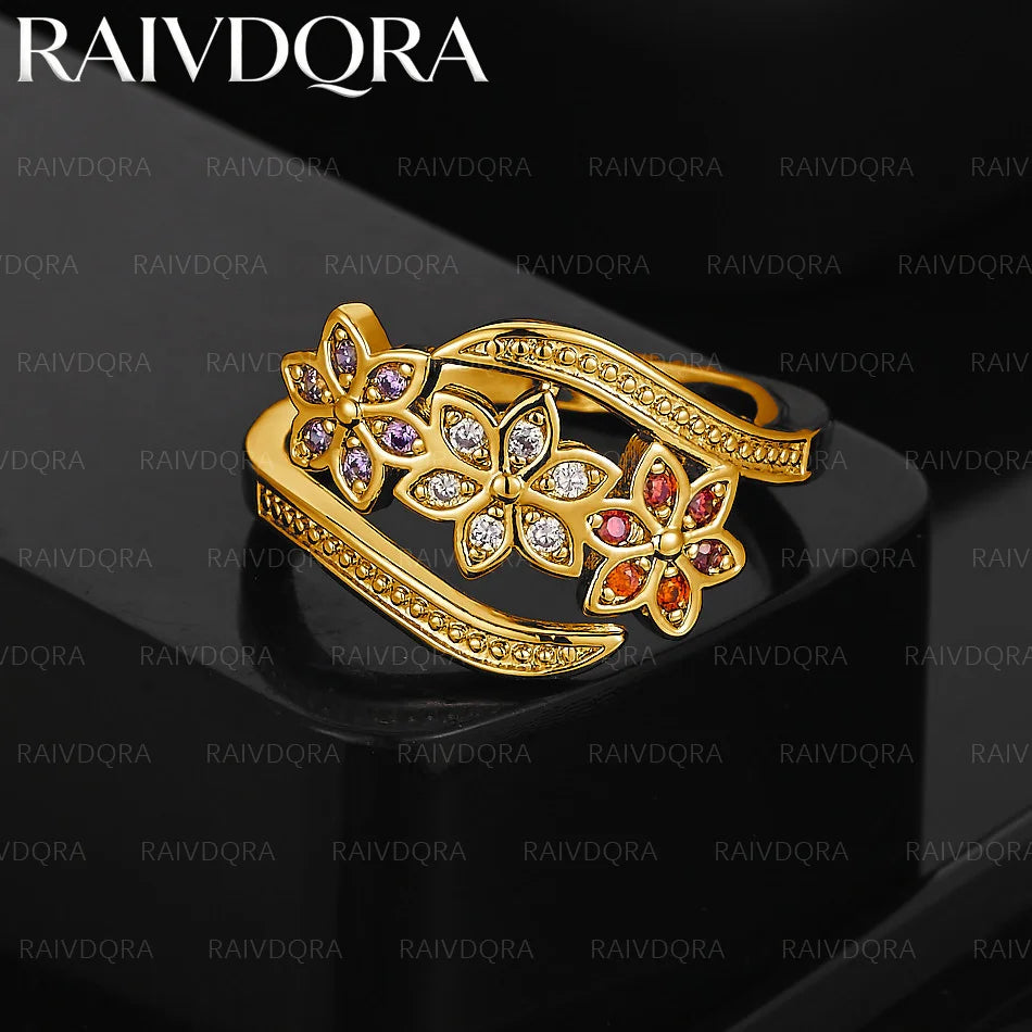 18K Gold Plated Three Flowers Red Purple Zircon Ring For Women Fashion Jewelry Charm Grace Noble Engagement Wedding