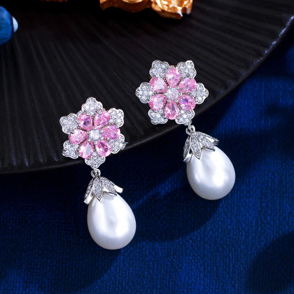 ThreeGraces Delicate Shiny Pink Zirconia Simulated Pearl Long Flower Drop Earrings for Women Bridal Wedding Party Jewelry E1929