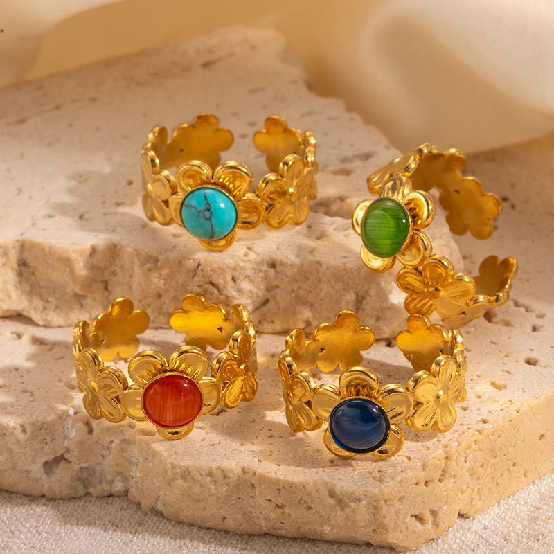 ANENJERY 316L Stainless Steel Flower Inlaid Colorful Stone Open Ring for Women Men Beauty Delicate Jewelry Gifts Wholesale
