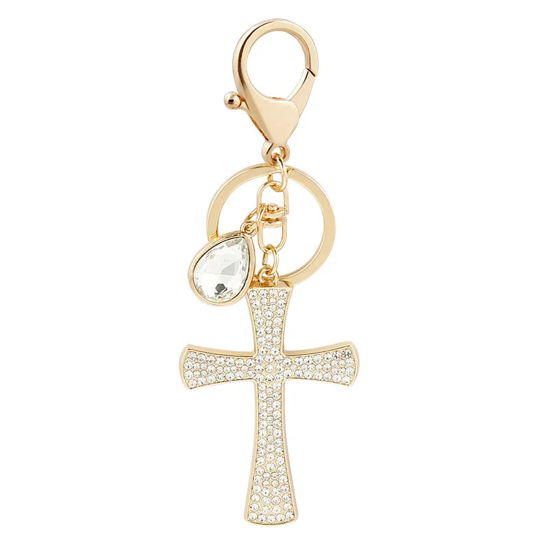 Women Trendy Cross Key Ring European Style Full Crystals Cross Shaped Car Keychain Fashionable Bag Accessory Gift