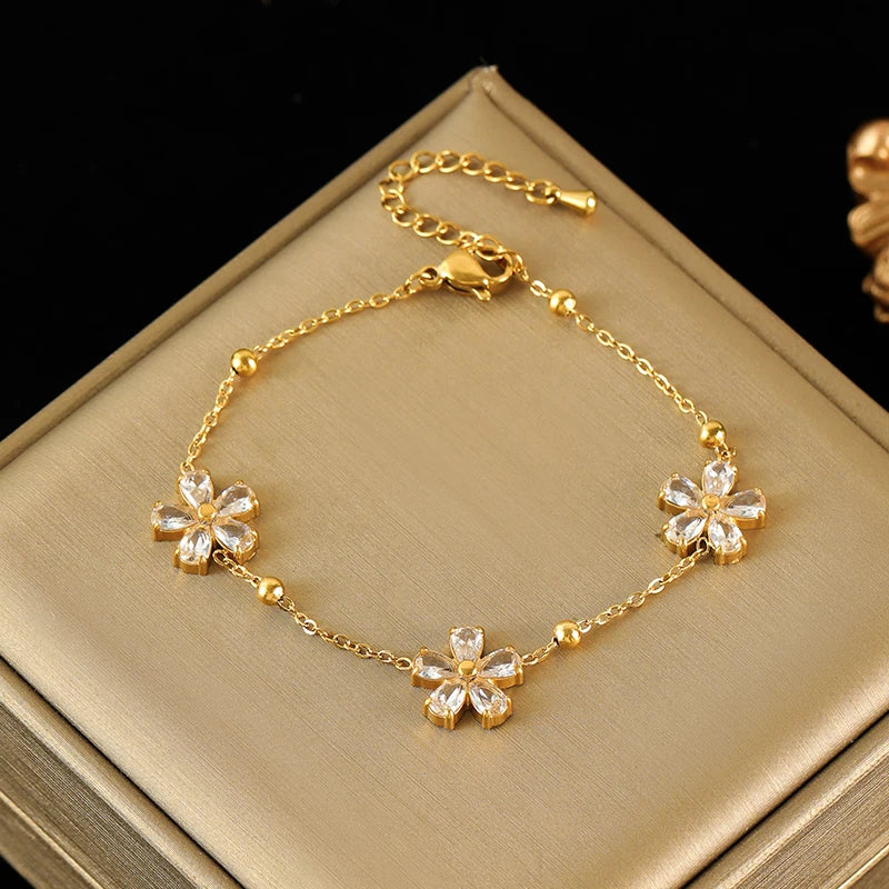 EILIECK 316L Stainless Steel White Zirconia Flower Petal Necklace Bracelet Earrings Set For Women New Trendy Jewelry Party Gift