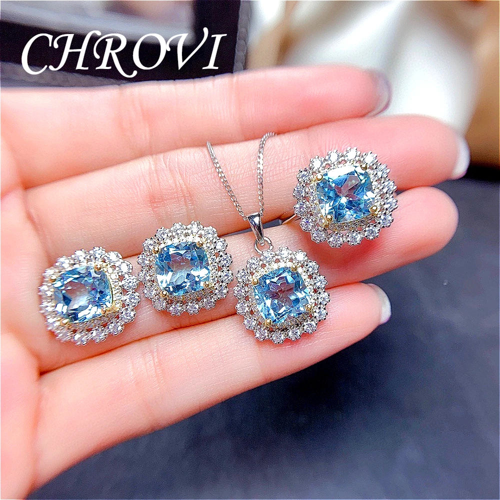 Luxury-Style 925 Sterling Silver Colorful Crystal Stone Set - Sky Blue Necklace, Ring Pendant, Stud Earrings for Women