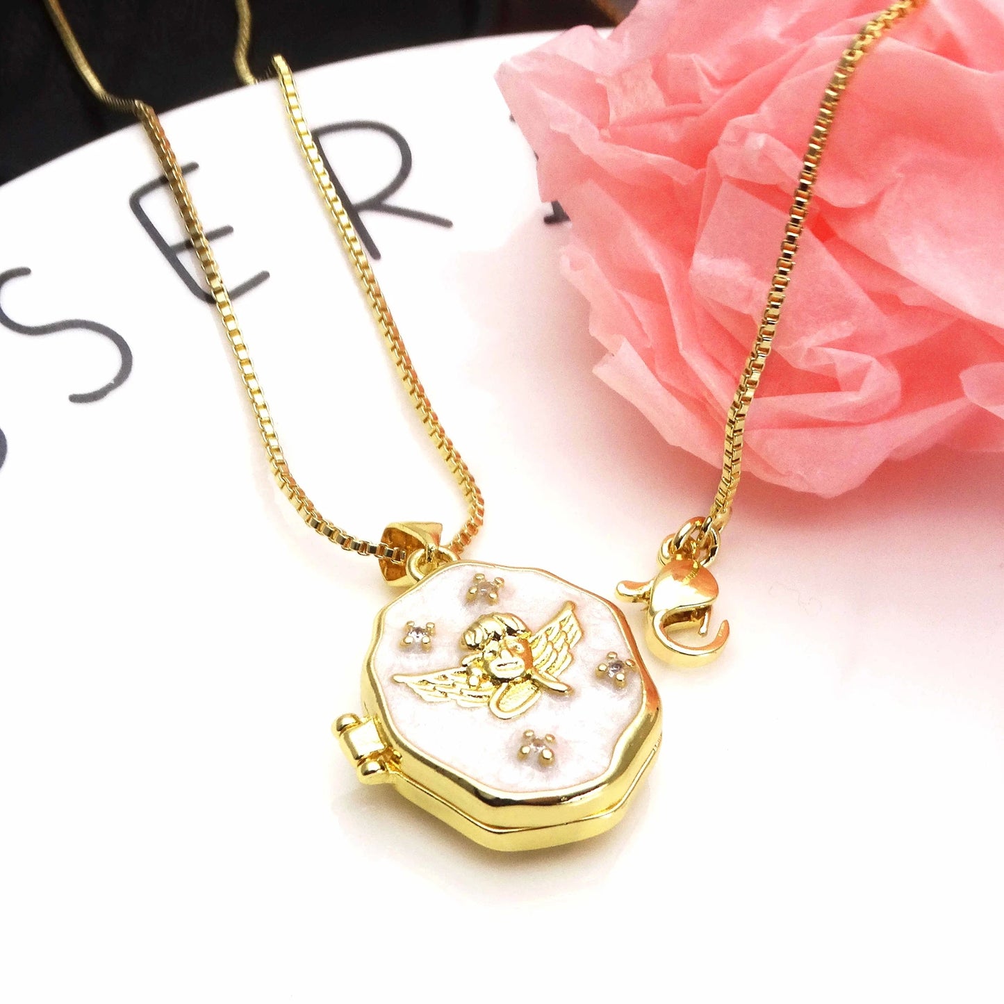 Micro Zircon oil drip photo box Angel Pendant necklace Love heart pendant necklace copper chain jewelry necklace