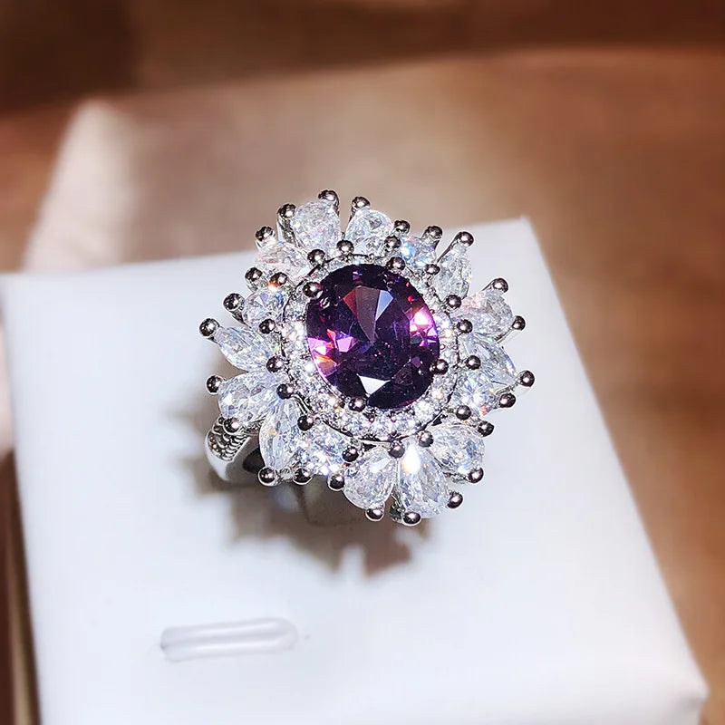 Classic Long Pillow Deep Purple Zircon Full Diamond Ring For Women 925 Silver Fashion Simulation Amethyst Open Ring Wedding Gift