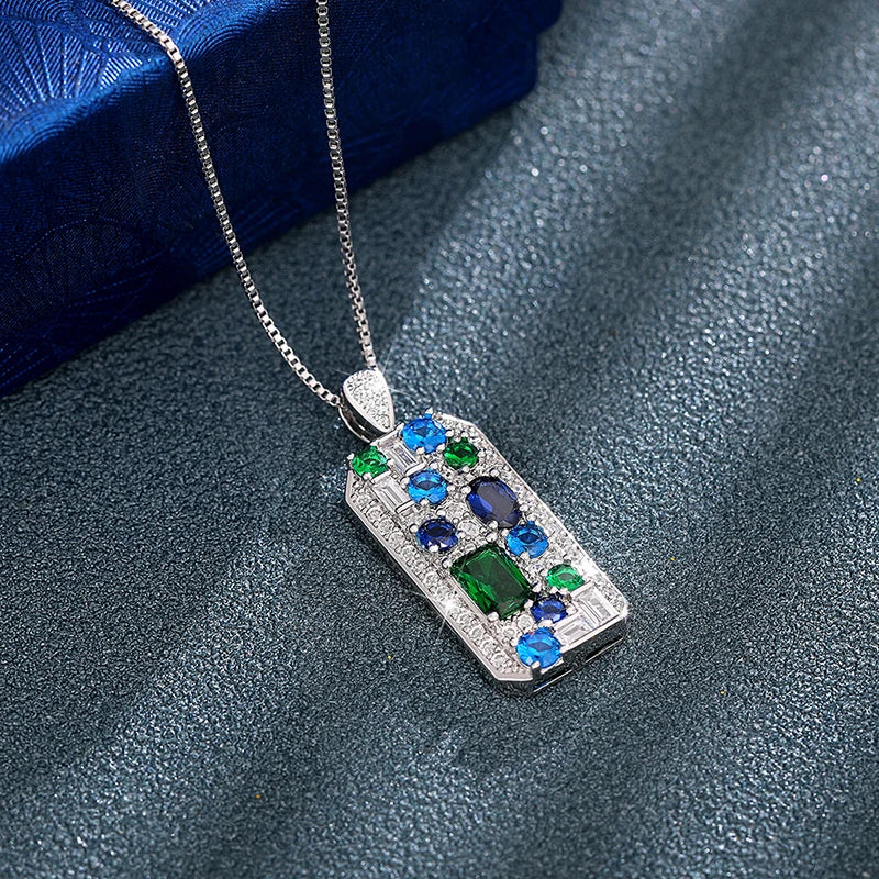 Huitan Blue/Green Cubic Zirconia Pendant Necklace for Women Luxury Trendy Bridal Wedding Neck Accessories Silver Color Jewelry