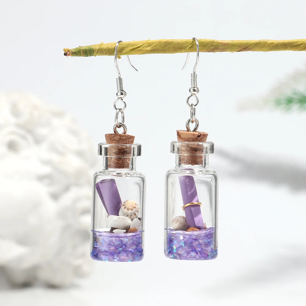 Creative Transparent Glass Drift Bottle Drop Earrings Cute Marine Animals Wish Bottle Dangle Earring Handmade Jewelry Gifts