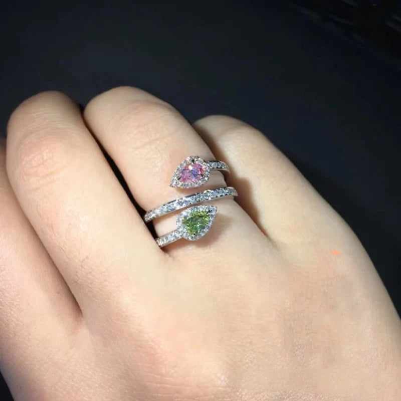 Huitan Pink/Green Waterdrop Cubic Zirconia Cross Rings for Women Colorful CZ Temperament Sweet Engagement Wedding Trendy Jewelry