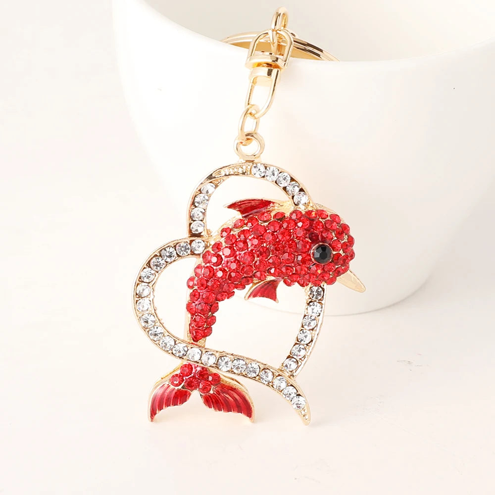 Dolphin Love Key Chain Women's Luxury Bag Pendant Crystal Rhinestone Key Ring Marine Animal Gift for Family Girlfriend