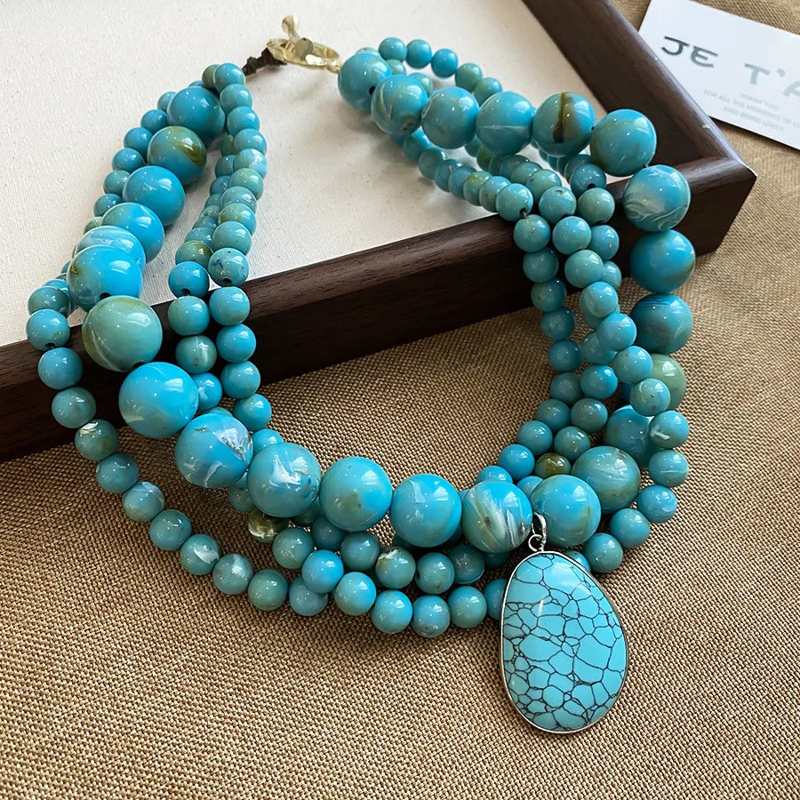 Multilayer Acrylic Beaded Necklaces Geometric Heart Pendant Turquoise Boho Vintage Ethnic Chokers Collarbone Chain Women Jewelry
