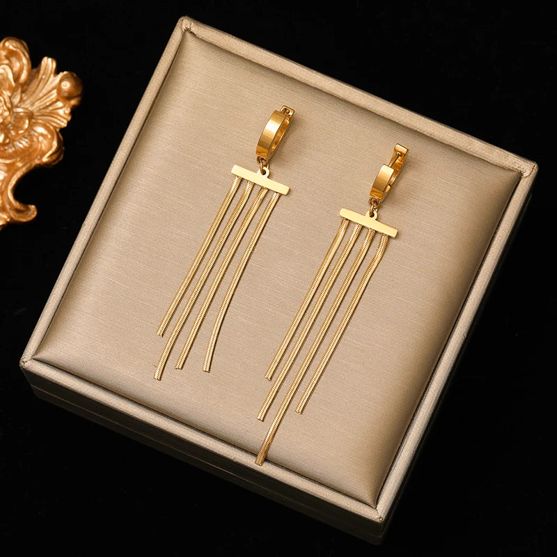 EILIECK 316L Stainless Steel Zircon Feather FOREVER Pendant Earrings For Women Fashion Ear Dangle Gold-Plated Jewelry Gift