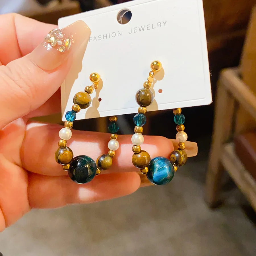 Fashion Retro Tigereye Stone Beads Earrings For Womem Vintage Ethnic Style Round Geometrics Earring Casual Party Jewelry Gift