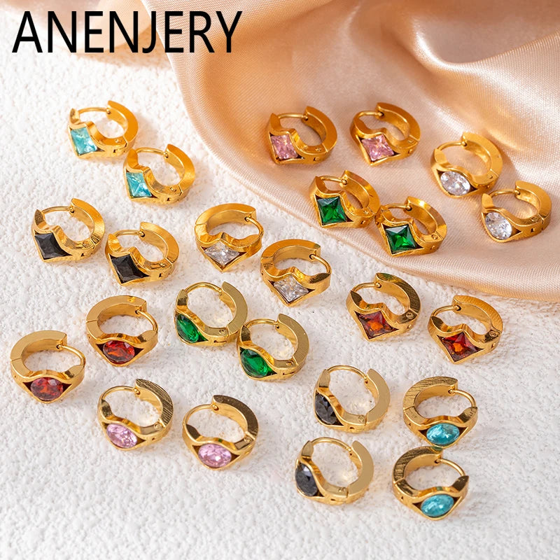 ANENJERY 316L Stainless Steel Geometry Heart Water Drop Zircon Hoop Earrings For Women Men Simple Personality Jewelry Gifts
