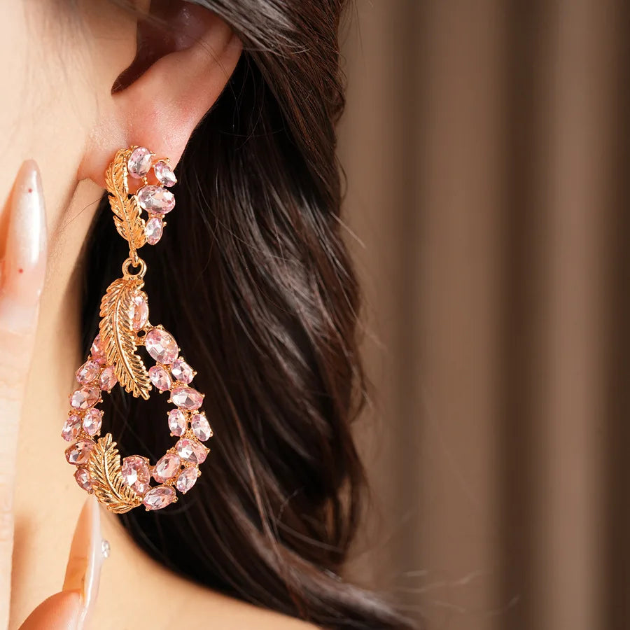 Vintage Rhinestone Inlaid Feather Drop Earrings Retro Style Light Luxury High Grade Elegant Exquisite Stud Ear Jewelry For Women