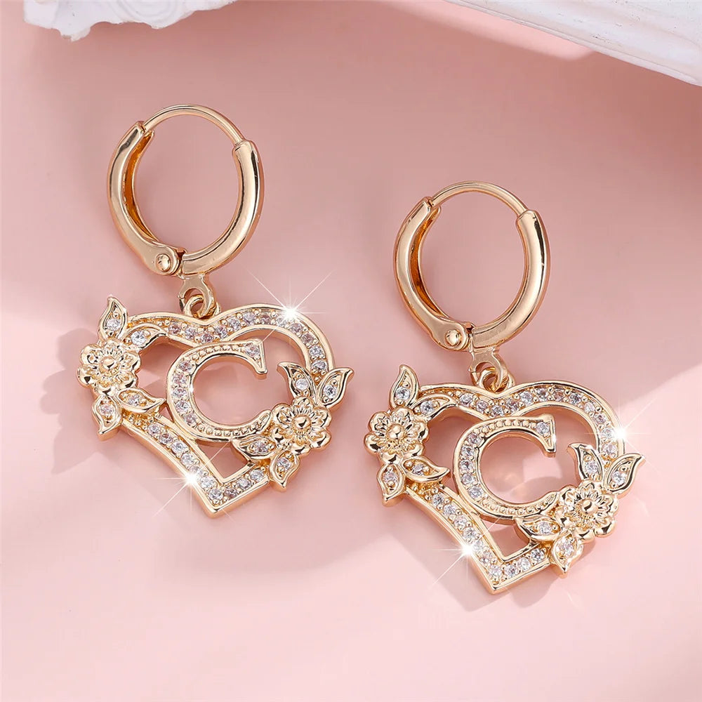 Female A-Z 26 Letter Heart Flower Hoop Earrings Yellow Gold Color White Zircon Wedding Jewelry For Women