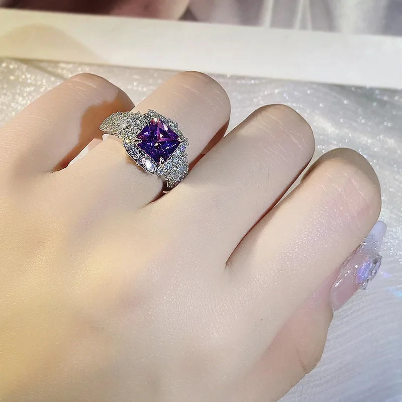 Delicate 925 Silver Color Ring Rectangle Purple Zircon Open Finger Ring Wedding Jewelry Accessories For Women