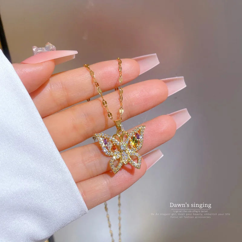 Fashion Design Lucky Butterfly Pendant Female Rhinestone Shining Statement Crystal Charm Choker Necklace for Woman Wedding Gift