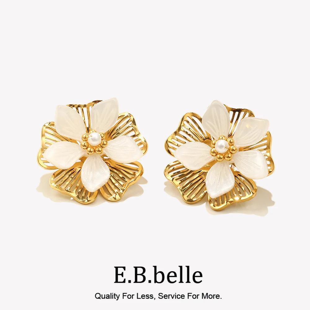 E.B.belle Double Layer Shell Flower Stud Earring PVD Plated Stainless Steel Waterproof Hypoallergenic Women Jewelry Accessories