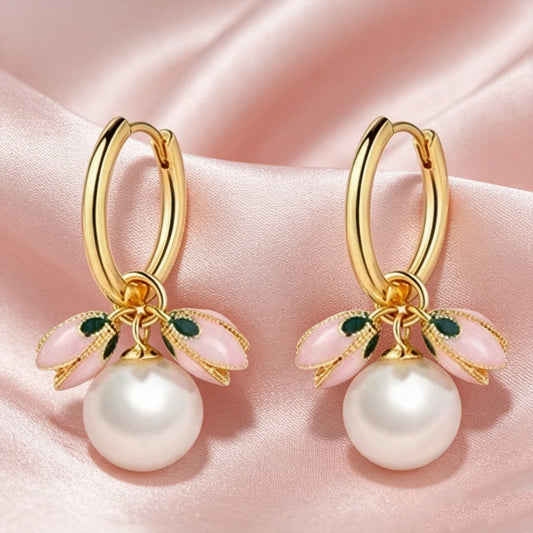 Small Flower Luxury Charm Female Round White Pearl Stud Earrings Rose Gold Color Wedding Jewelry For Women