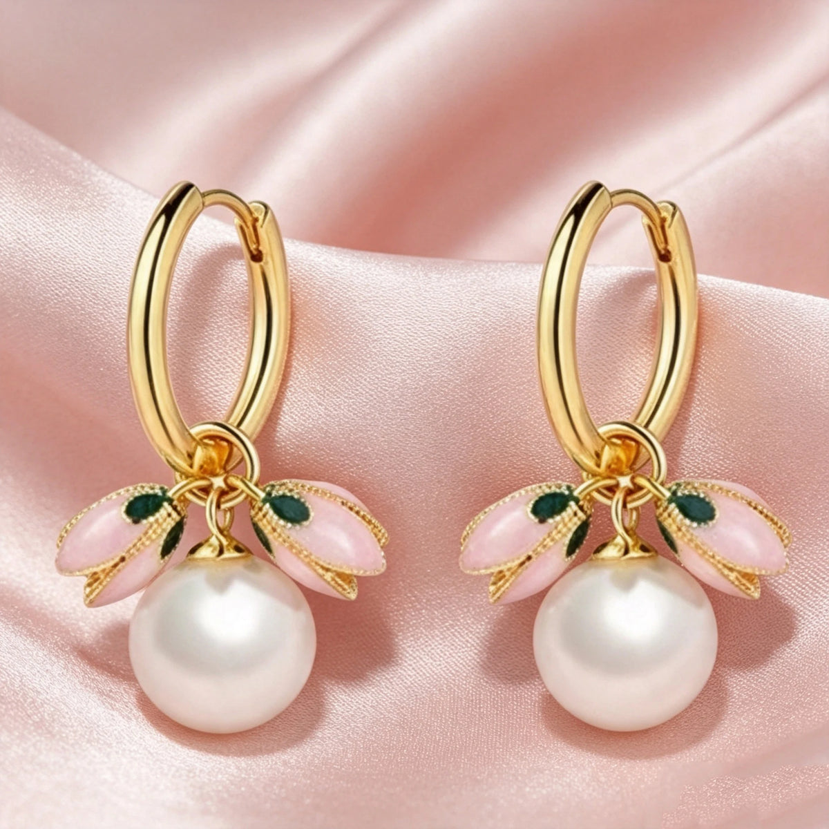 Small Flower Luxury Charm Female Round White Pearl Stud Earrings Rose Gold Color Wedding Jewelry For Women