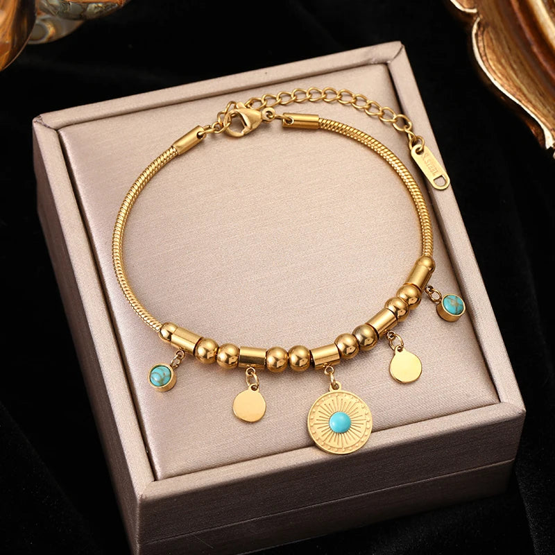 EILIECK 316L Stainless Steel Water Drop Zircon Butterfly Hexagram Charm Bracelet For Women Trend Fashion Gold Color Jewelry Gift