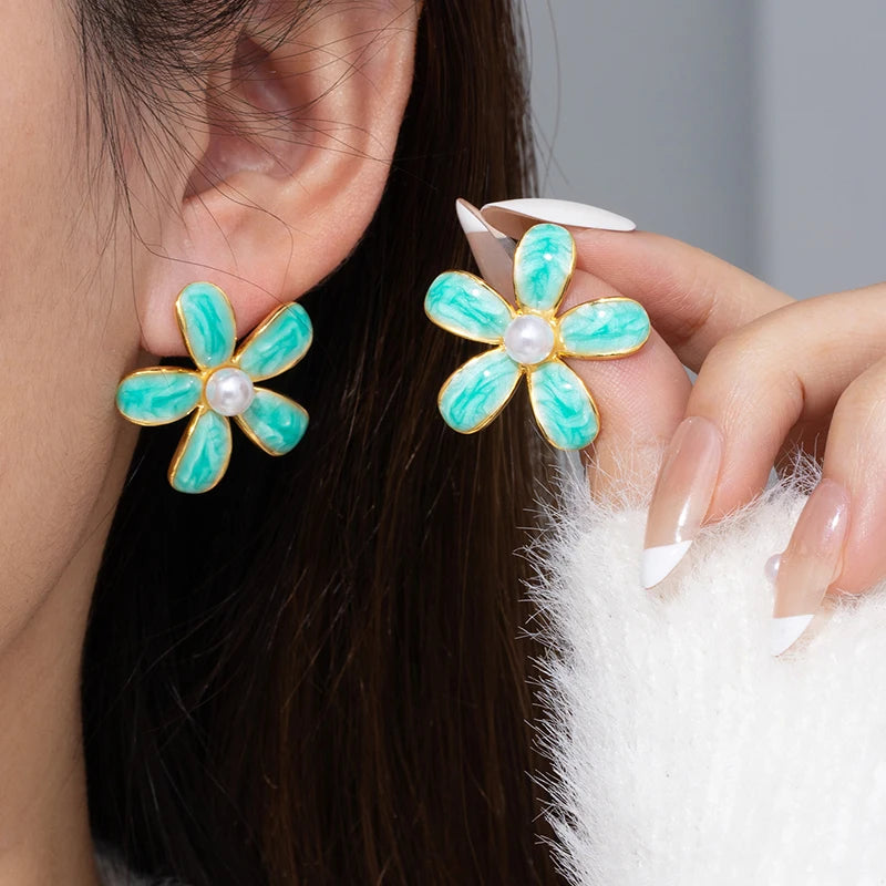 ANENJERY 316L Stainless Steel Colorful Enamel Flower Butterfly Earrings For Women French Delicate Elegant Jewelry Birthday Gifts