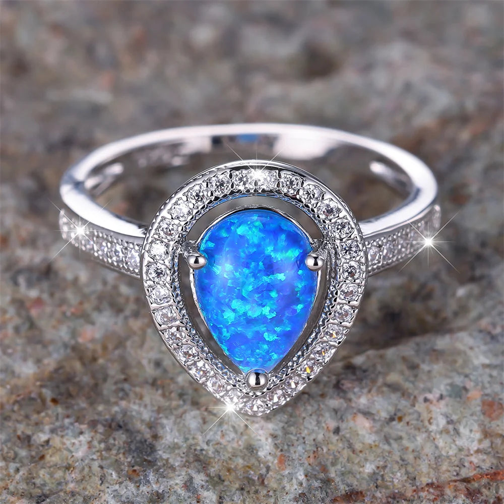 Cute Water Drop Stone Ring Blue Fire Opal Wedding Rings For Women Silver Color Engagement Jewelry Accessory Mother's Day Gifts