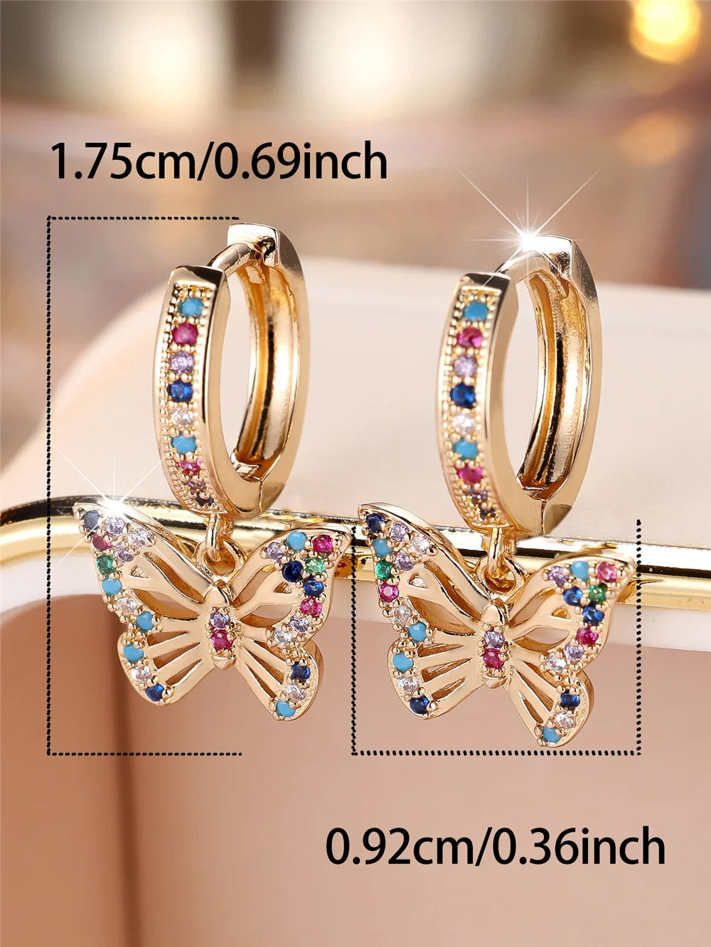 Luxury Female Rainbow Zircon Butterfly Hoop Earrings Fashion Gold Color Wedding Jewelry For Women