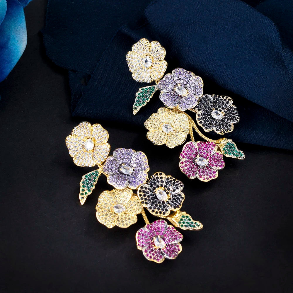 ThreeGraces Beautiful Cubic Zirconia Long Multicolor Flower Dangle Drop Earrings for Women Trendy Wedding Party Jewelry ER846
