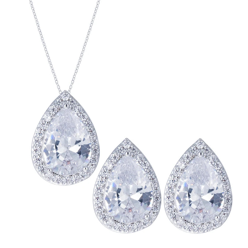 ThreeGraces Sweet Sparkling Water Drop Cubic Zirconia Fashion Necklace and Stud Earrings Party Jewelry Set for Women JS210