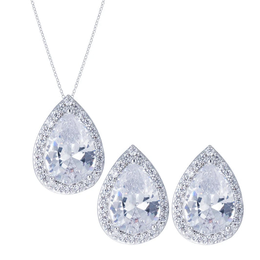 ThreeGraces Sweet Sparkling Water Drop Cubic Zirconia Fashion Necklace and Stud Earrings Party Jewelry Set for Women JS210