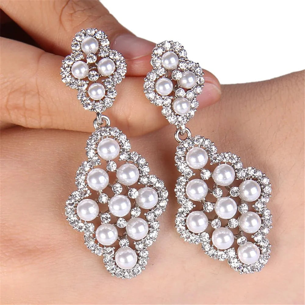Cute Female Silver Color White Pearl Stone Drop Stud Earrings Lovely Bridal Wedding Jewelry For Women