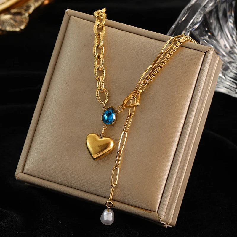 EILIECK 316L Stainless Steel Heart Love Pendant Necklace Statement Golden Glossy Thick Chunky Collar Dangle Neck Chain Jewelry