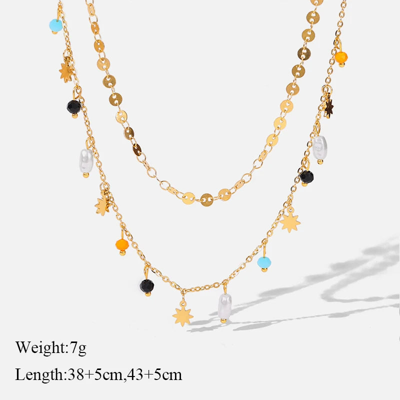 EILIECK 316L Stainless Steel Artificial Turquoise Pendant Necklace for Women Fashion Waterproof 2 Layer Neck Chain Jewelry Gift