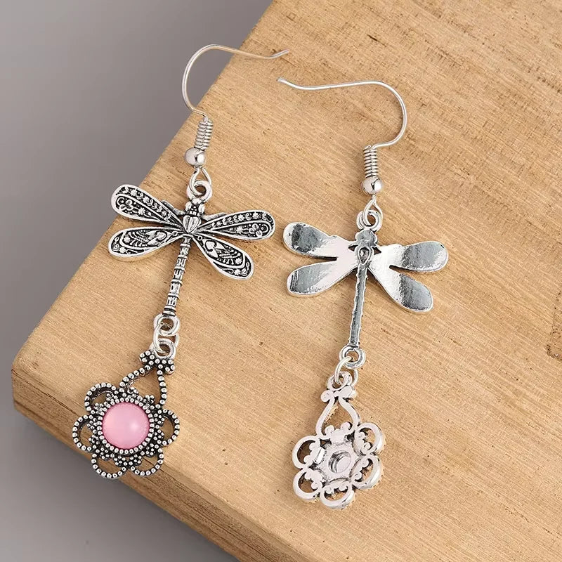 Vintage Retro Bohemian Geometric Pink Stone Dragonfly Drop Earrings for Women Fashionable Boho Ethnic Style Flower Party Jewelry