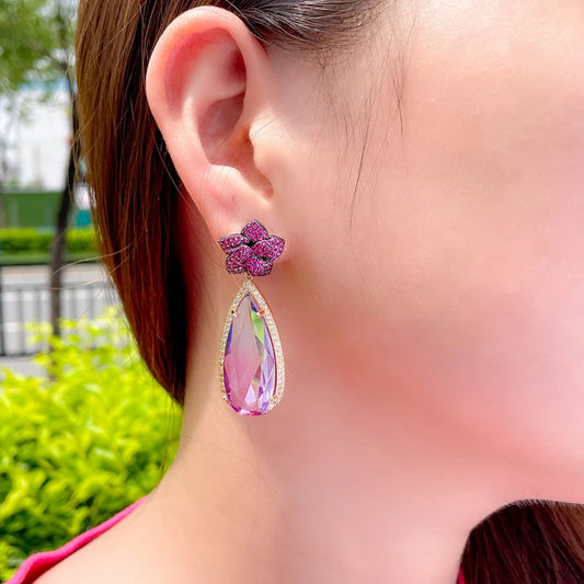 ThreeGraces Vintage Unique Colorful Water Drop Zirconia Long Big Bridal Wedding Dangle Earrings for Women Flower Jewelry E2153