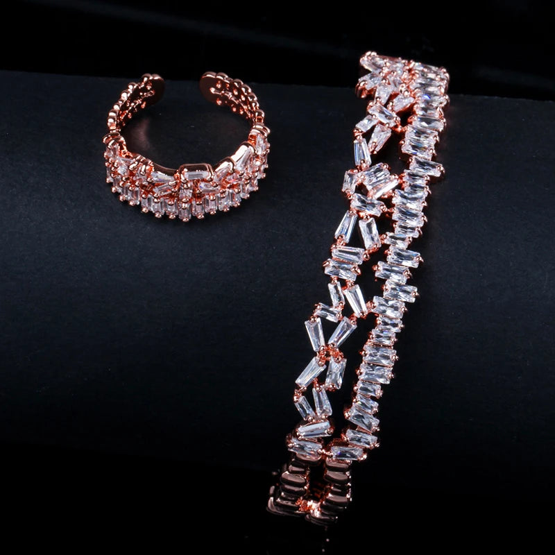 ThreeGrace Fashion Sparkling Cubic Zirconia Adjustable Size Bangle Ring Set for Women New Trendy Wedding Party Jewelry JS538