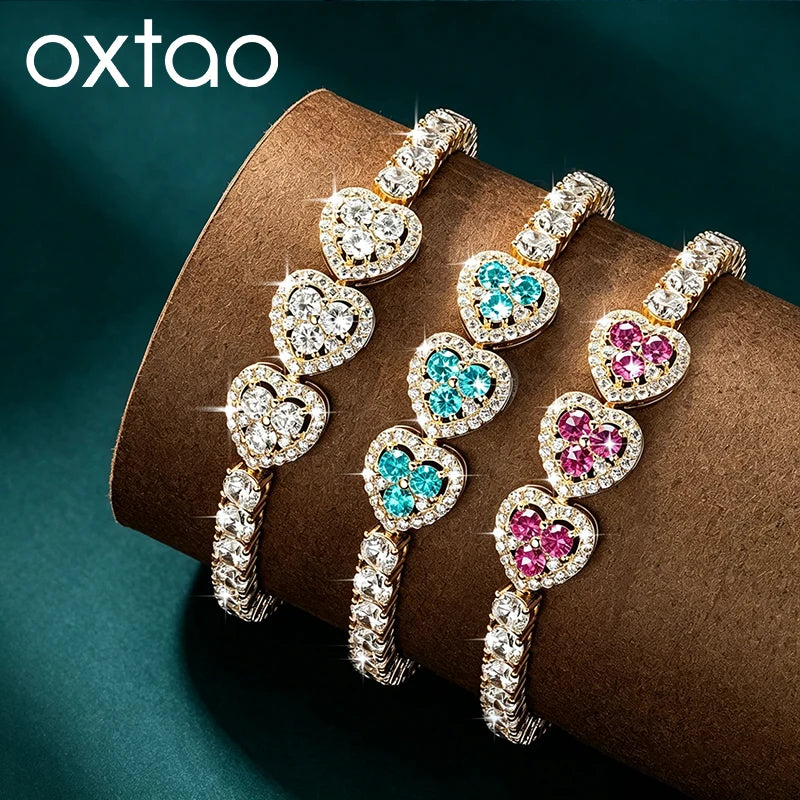 OXTAO Heart Moissanite Tennis Chain Bracelet  White Green Pink Lab Imitation Diamond Colorful Jewelry Bracelet 14K Gold Filled